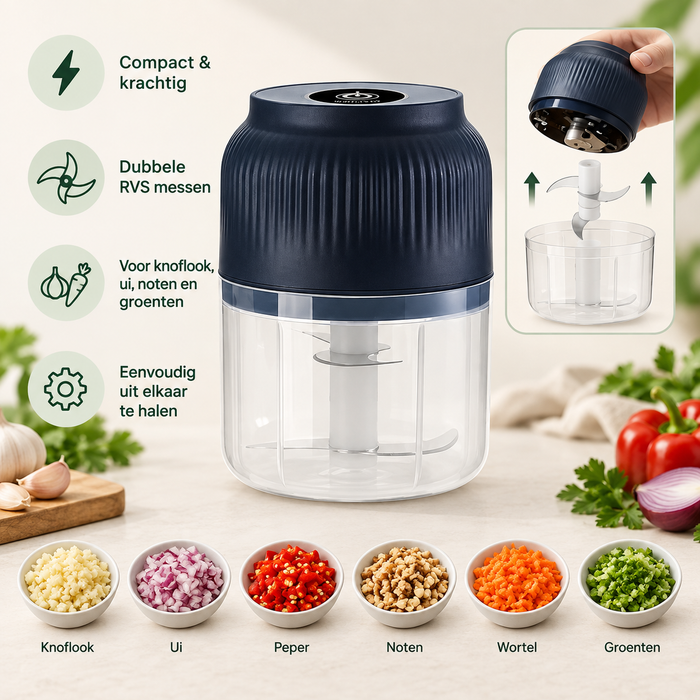Lumfy MiniChop™ – Draadloze Elektrische Hakmolen voor Knoflook, Ui & Groenten