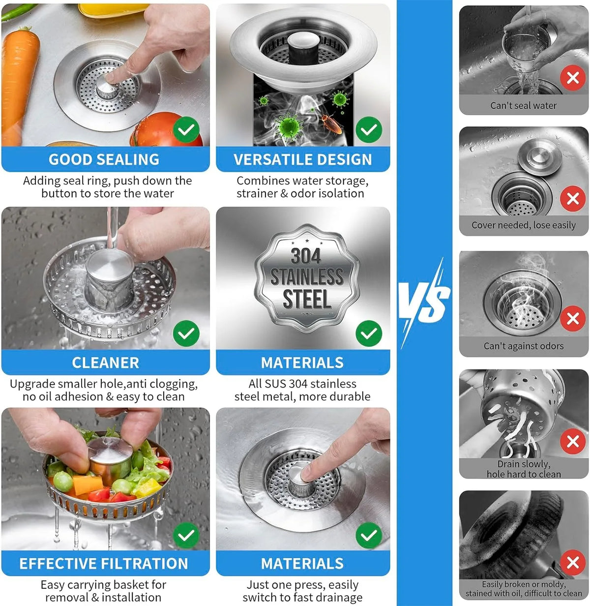 RVS gootsteenzeef - 3-in-1 hygiëne en efficiëntie voor uw keuken | 1+1 GRATIS