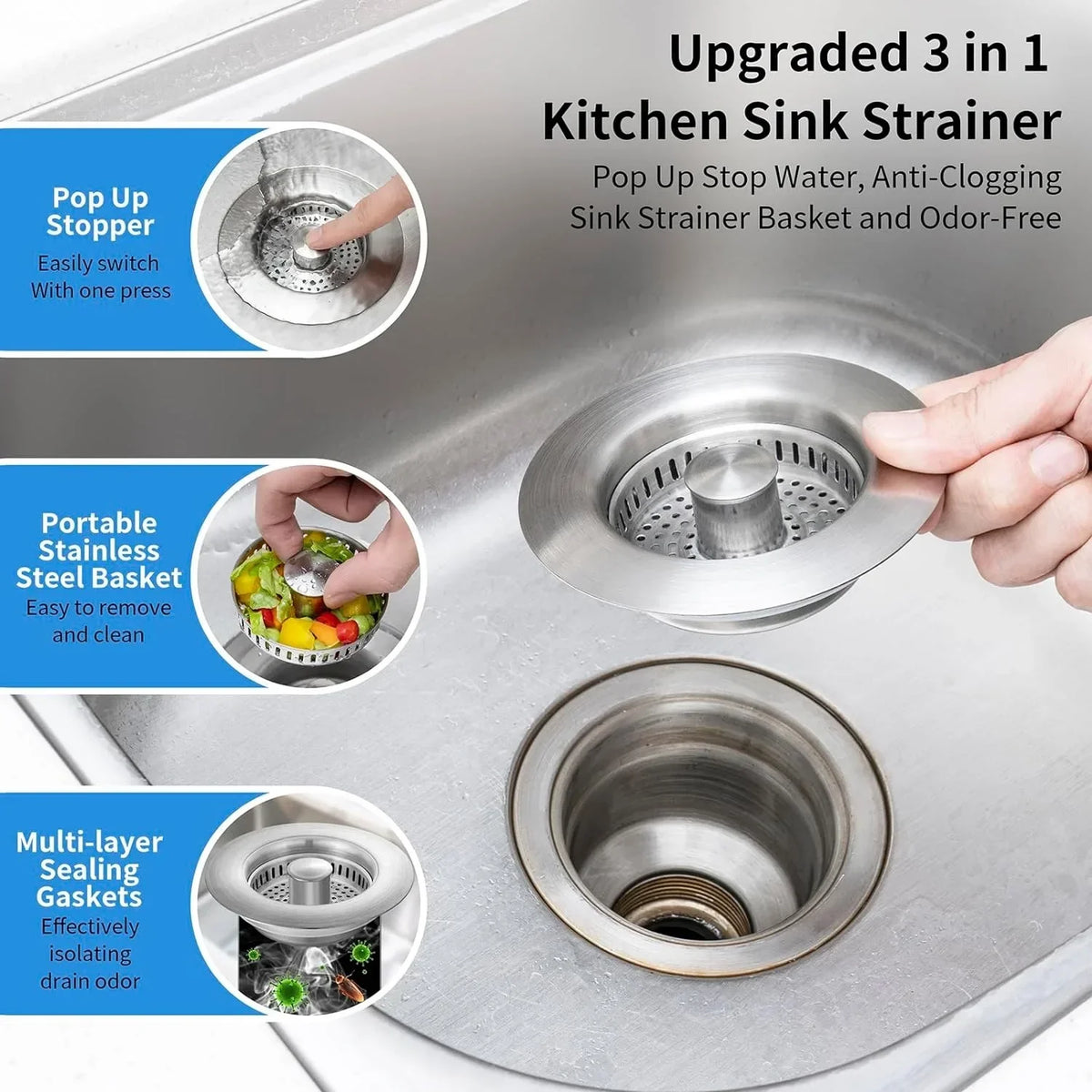 RVS gootsteenzeef - 3-in-1 hygiëne en efficiëntie voor uw keuken | 1+1 GRATIS