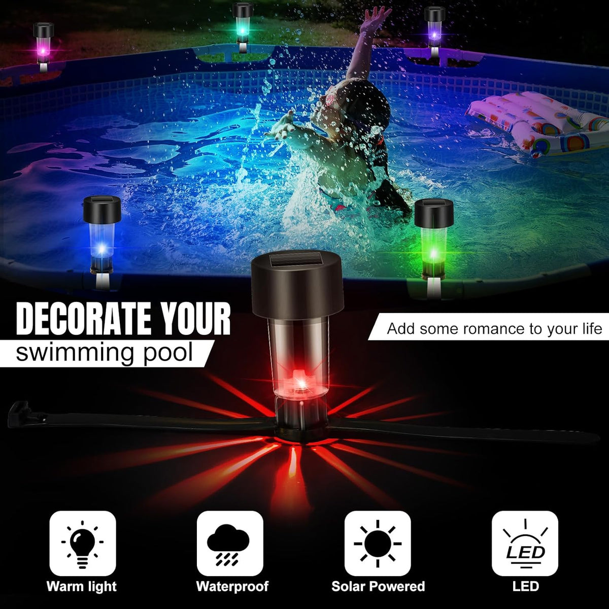 SolarSplash – Set van 6 zonne-zwembadlampen voor bovengrondse zwembaden