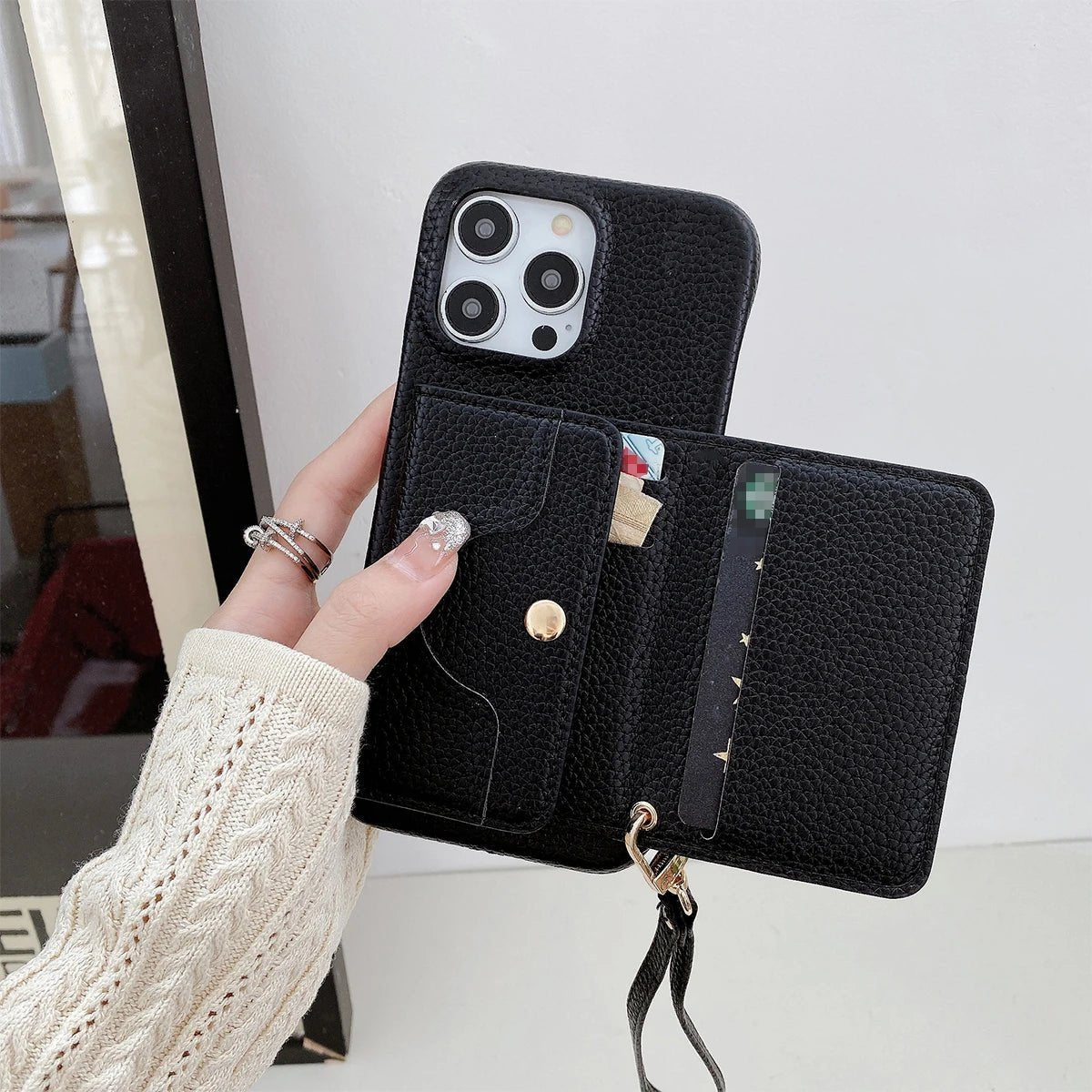 Luxe gespiegeld leren kaarthouder telefoonhoesje