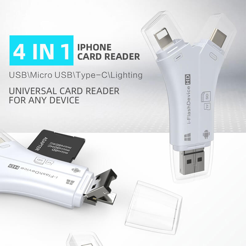 4-in-1 Geheugenkaartlezer - Snelle Gegevensoverdracht voor iPhone & Android